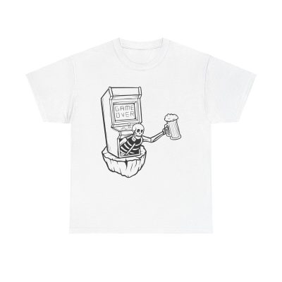 Game Over Gamer Unisex T-Shirt - Skeleton Retro Arcade Beer Humor Fun Geek Minimal Art