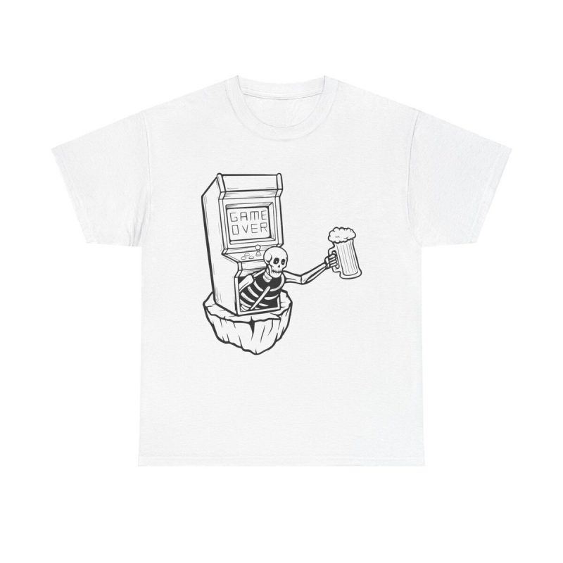 Game Over Gamer Unisex T-Shirt - Skeleton Retro Arcade Beer Humor Fun Geek Minimal Art